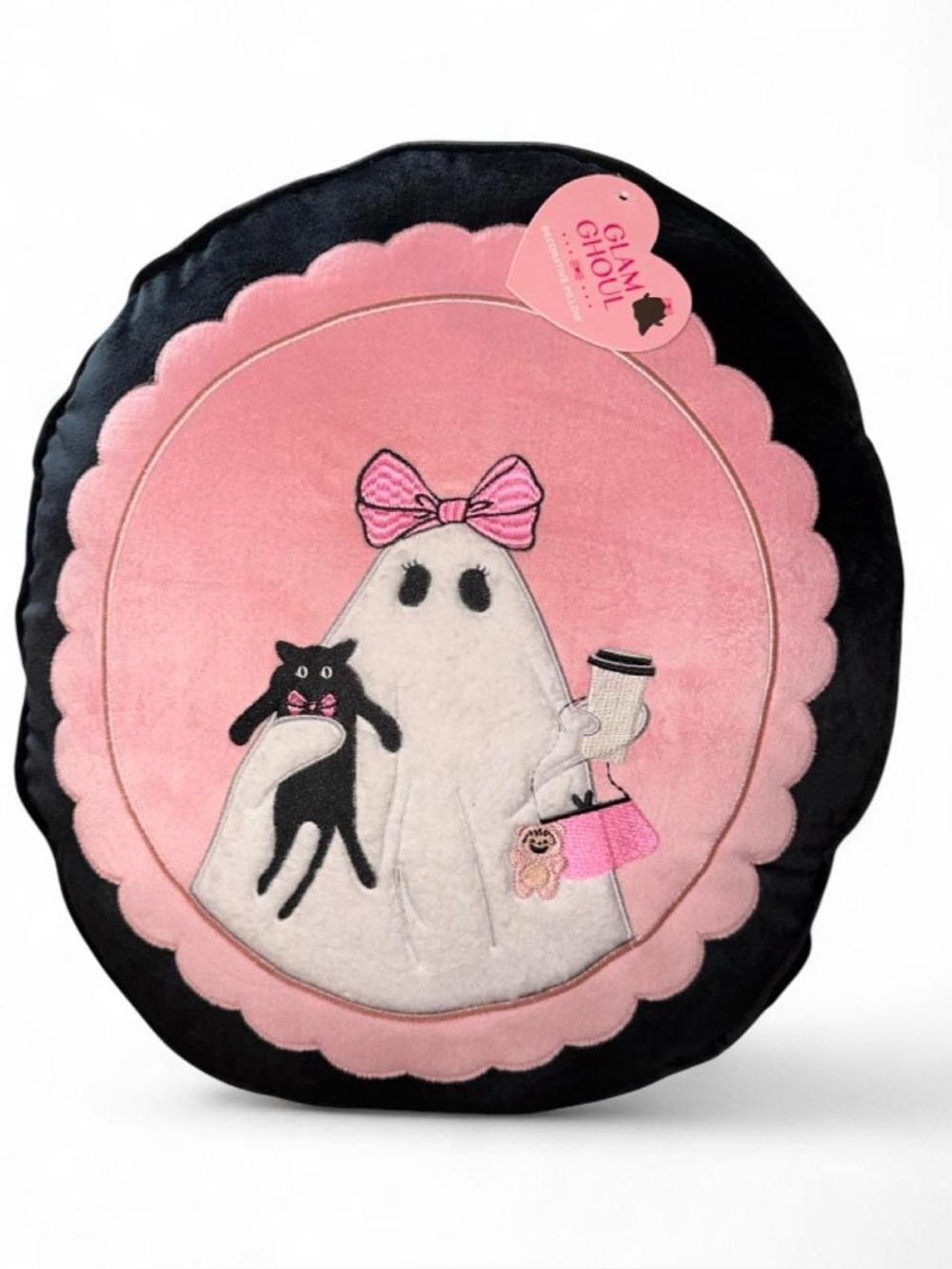 Glam Ghoul Halloween Decorative Throw Pillow, pink/black, ghost, bows, black cat
